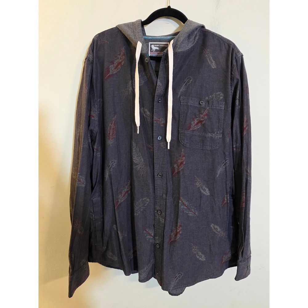 Modern Amusement Mens XL Hooded Button Up Shirt Feather Print Gray Long Sleeve